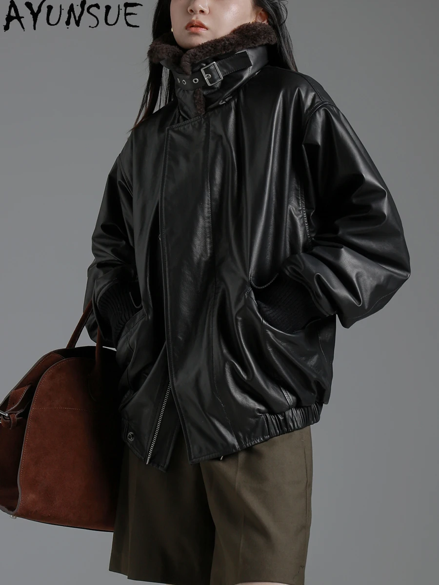 AYUNSUE Giacca in vera pelle Donna Autunno Inverno Vestiti 2025 Aggiungi cotone Genuino cappotto di pelle di pecora Donna di media lunghezza Jaqueta De Couro