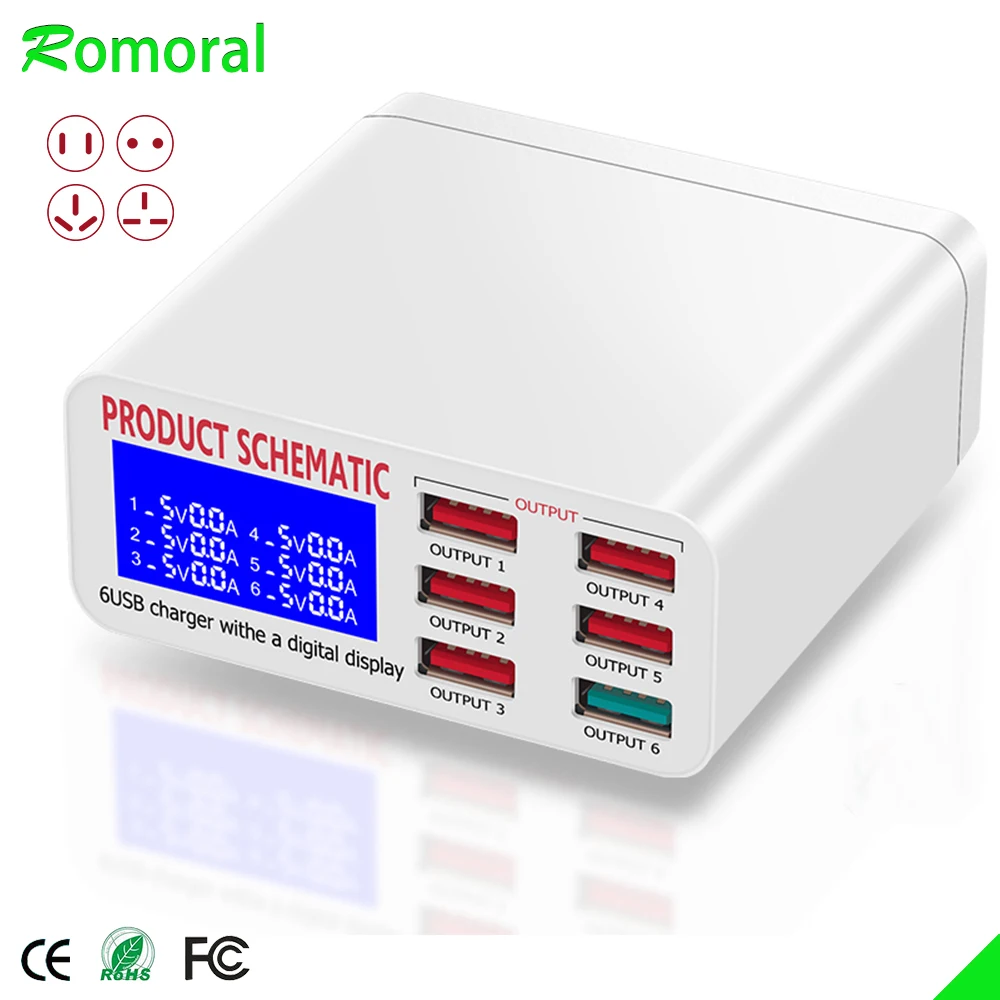 Caricabatterie USB QC3.0 con Display LCD 6 porte caricabatterie da tavolo per cellulare ricarica rapida intelligente per smartphone Tablet PC