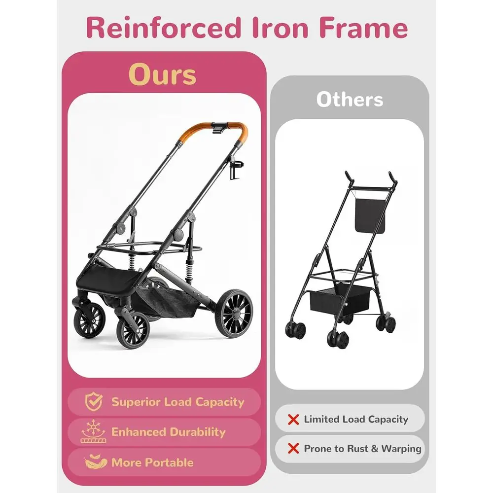 Carrinho dobrável para animais de estimação de 4 rodas para cães pequenos a médios de até 60 libras, transportador removível, adequado para 2 animais de estimação, cesta de armazenamento, brea