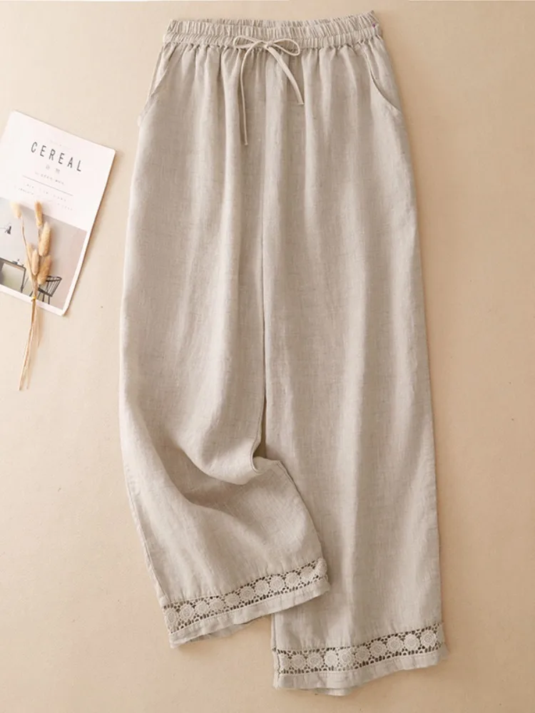 

Casual Cotton Linen Wide Leg Pants Women Summer Loose Elastic Waist Embroidered Hollow out Home Straight Leg Trousers