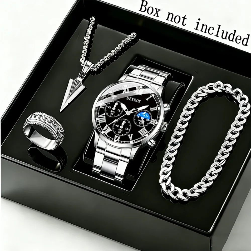 4pcs/set Men's Watch and Triangle Spearhead Necklace Set Stylish Business Quartz Watch for Men, Stainless Steel Strap