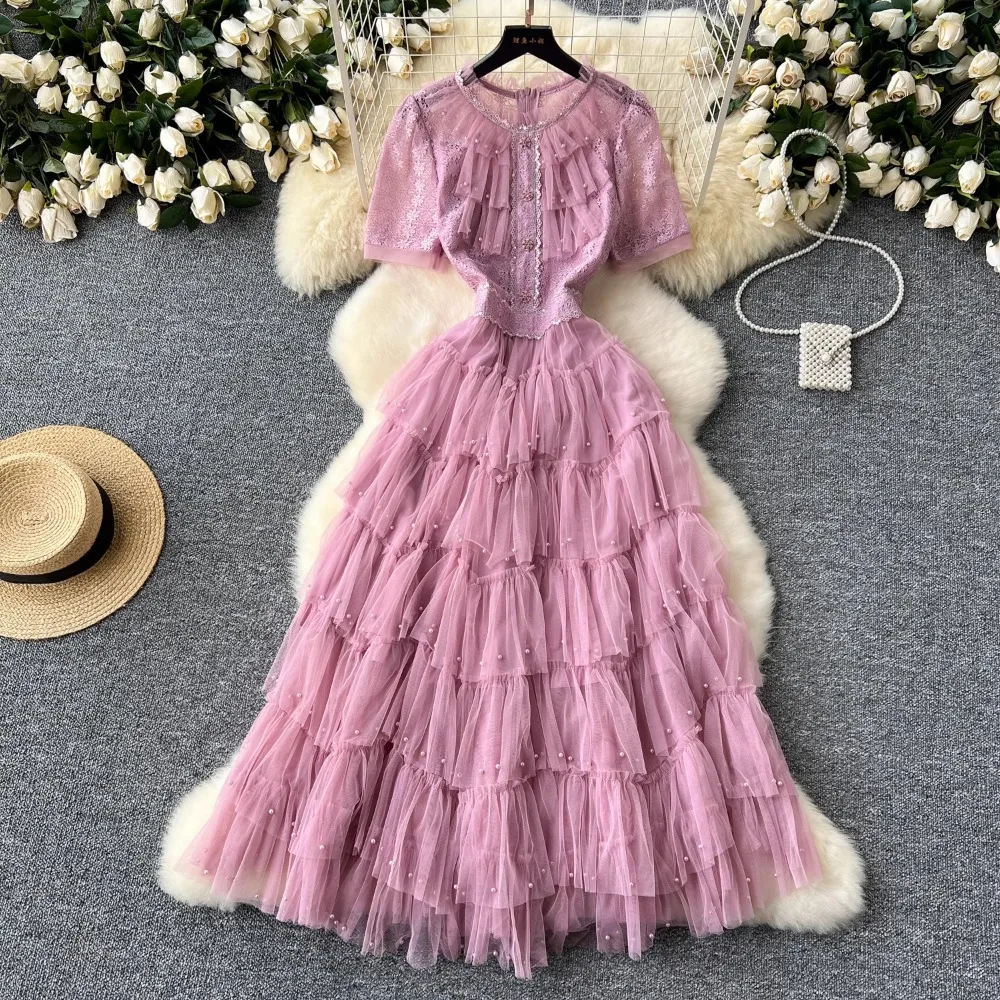 French series mesh lace PATCHWORK short Sleeve dress women's summer waist Beading sweet dresses