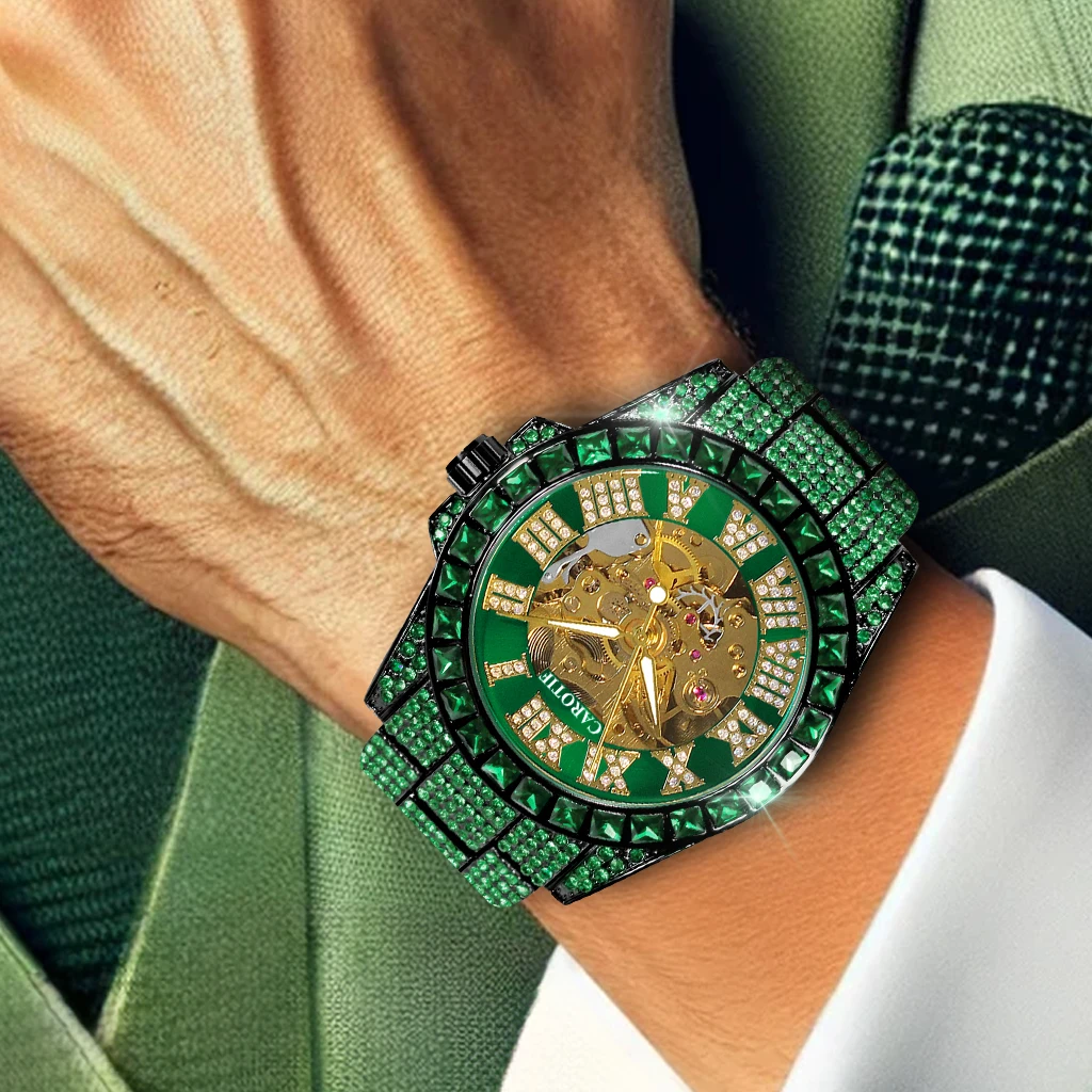 

Мужские зеленые часы со стальным браслетом и дизайном с подсветкой, модные и универсальные полностью автоматические механические часы, элитный аксессуар.