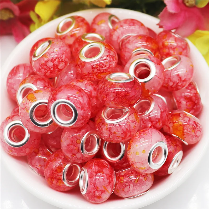 10Pcs/Lot 14mm Crackle Color Flower Art Murano Big Round Loose Beads for Bracelet Necklace Jewelry Shoelace Women DIY Hair Beads