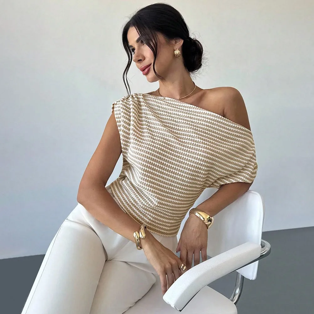 Striped Short Sleeve Cropped Tops with Off Shoulder Private Celebrity Style Light Mature Style Summer Daily Women T Shirts