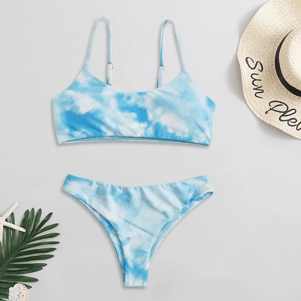 Bikini brasileño con estampado Tie-Dye para mujer, traje de baño Sexy, conjunto de dos piezas de corte alto, Tankini de playa con estampado sólido