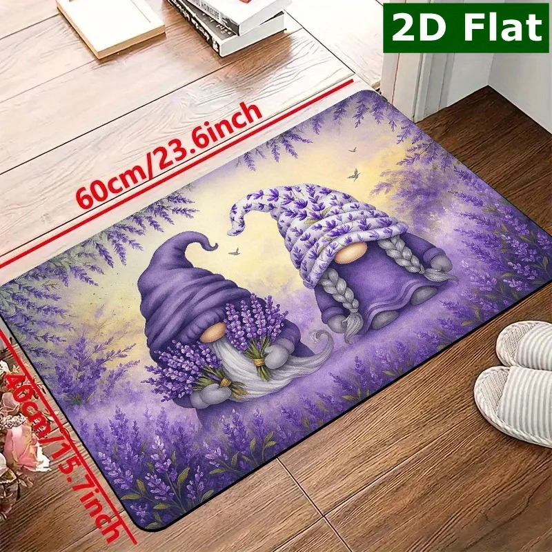 2D Flat Lavender Gnomes Garden Flowers Purple Flannel Area Rug Non Slip Whimsical Decor Carpet For Living Room Bedroom Floor