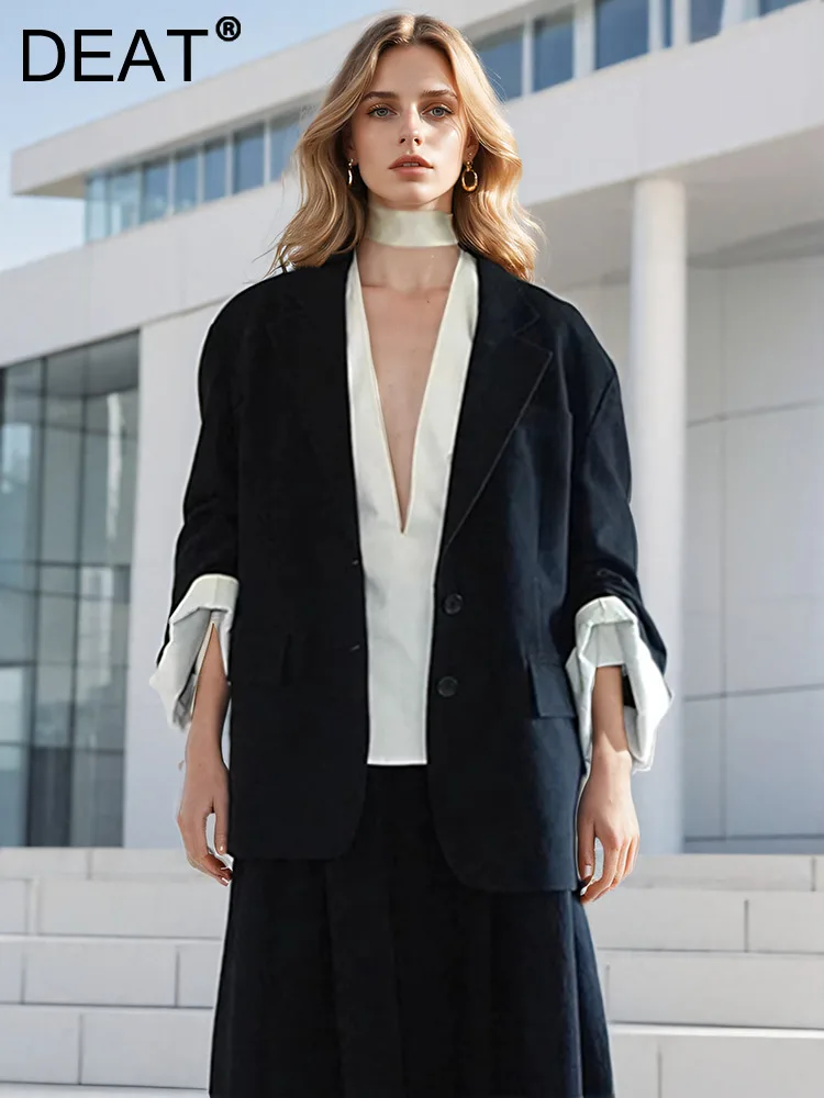 

DEAT Fashion Women's Blazer Notched Single Breasted Pockets Loose Contrast Color Casual Suit Jackets Autumn 2024 New 7AB4695