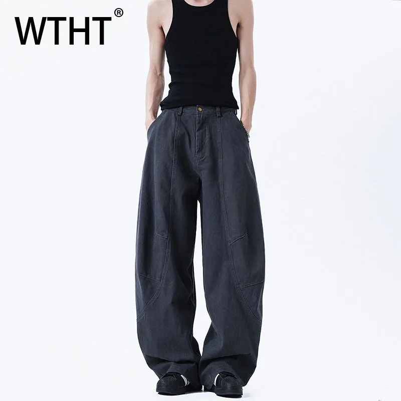 WTHT Vintage Men's Spliced Deconstruct Solid Color Denim Pants Fashion High-waisted Straight Jeans Male 2025 Autumn 2A1996