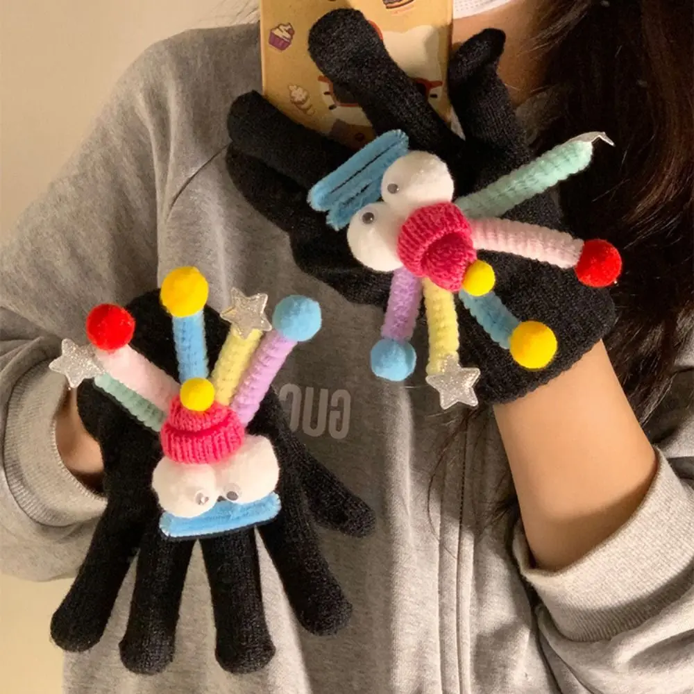 

1 pair Fashion Knitted Warm Gloves Warm Full Finger Winter Thickened Gloves Lovely Soft Five-finger Gloves Universal