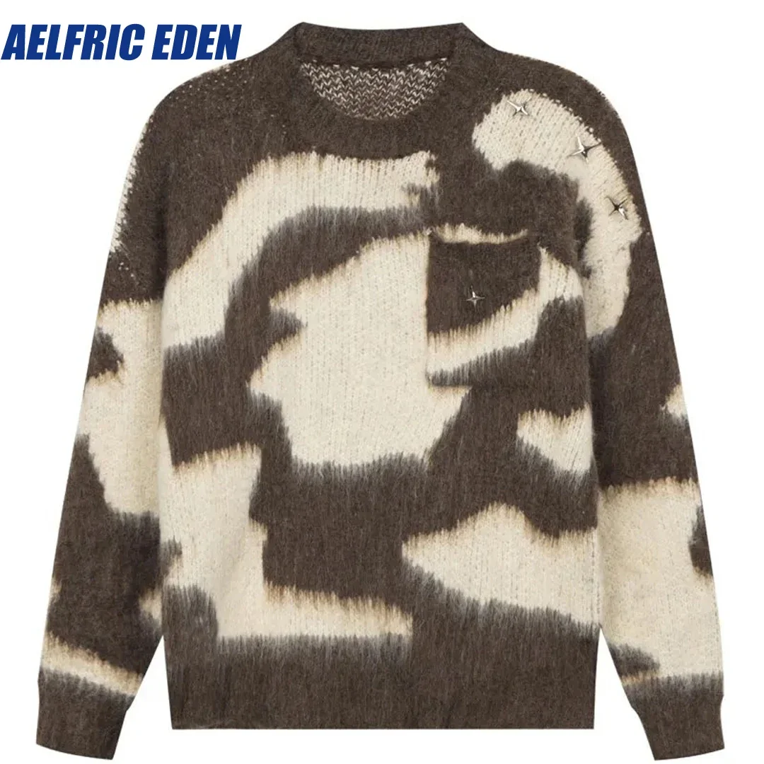 

Aelfric Eden Vintage Mohair Sweater Hip Hop Retro Stars Knitted Fluffy Fuzzy Patchwork Jumpers Harajuku Loose Knitwear Sweater