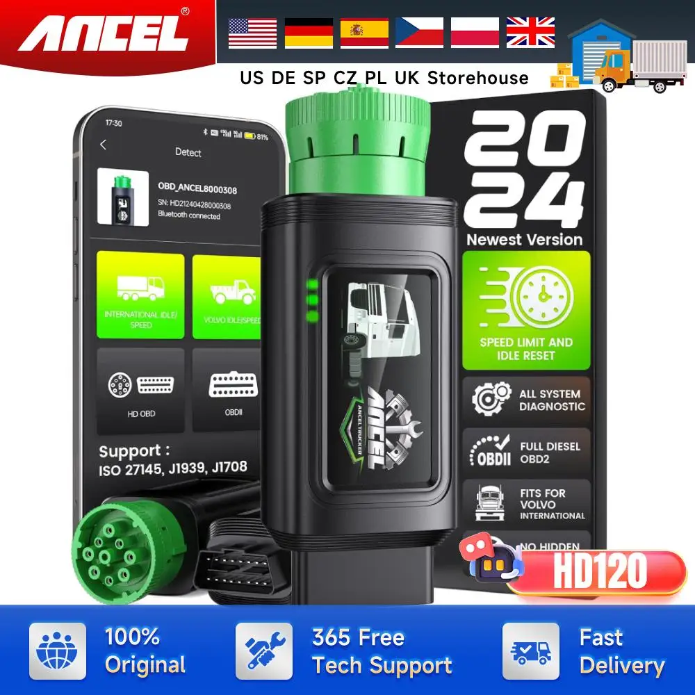 ANCEL HD210 Bluetooth Heavy Duty Truck Scanner Speed Limit and Idle Reset for Volvo Engine All System Diesel HDOBD/OBD2 Scanner