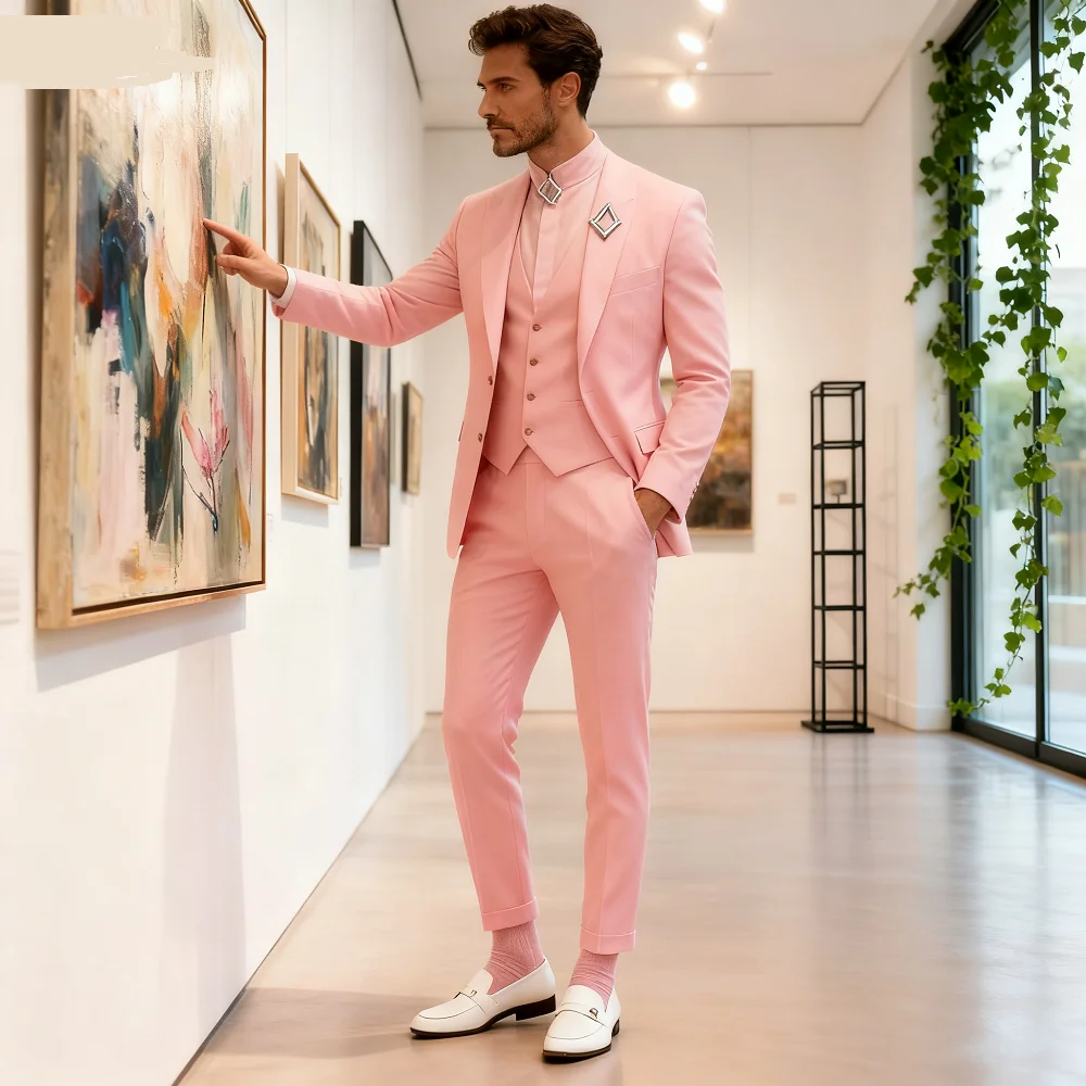 

3 Piece Khaki Men's Suits Slim Fit Peak Lapel Elegant Wedding Business Party Jacket Vest Pants Set High Quality