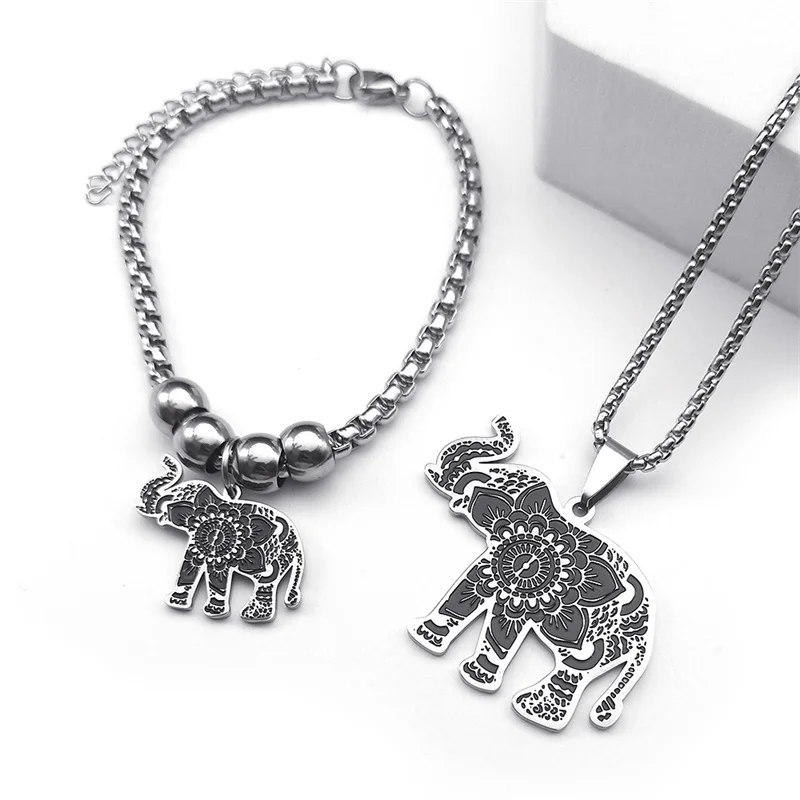 Elephant Enamel Stainless Steel Jewelry Set Women Men Ethnic Animal Necklace Earrings Bracelet Jewelry Gift conjuntos de joyas