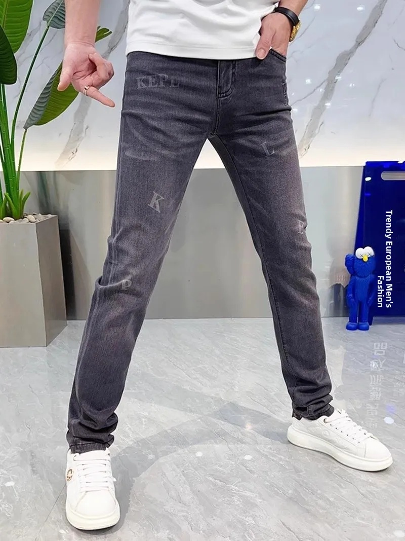 

ey Waed Slim Fit Men's Jeans Spring Summer Thin Faion Brand Letter Print Long Pants Youth Trendy Casual Breathable