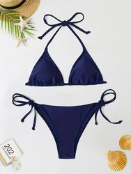 2Pcs Swimwear Thong Bikini Set Sexy New Navy Blue Swimsuits Woman Sexy Bathing Suits Bikinis Triangle Bandage Female Beachwear