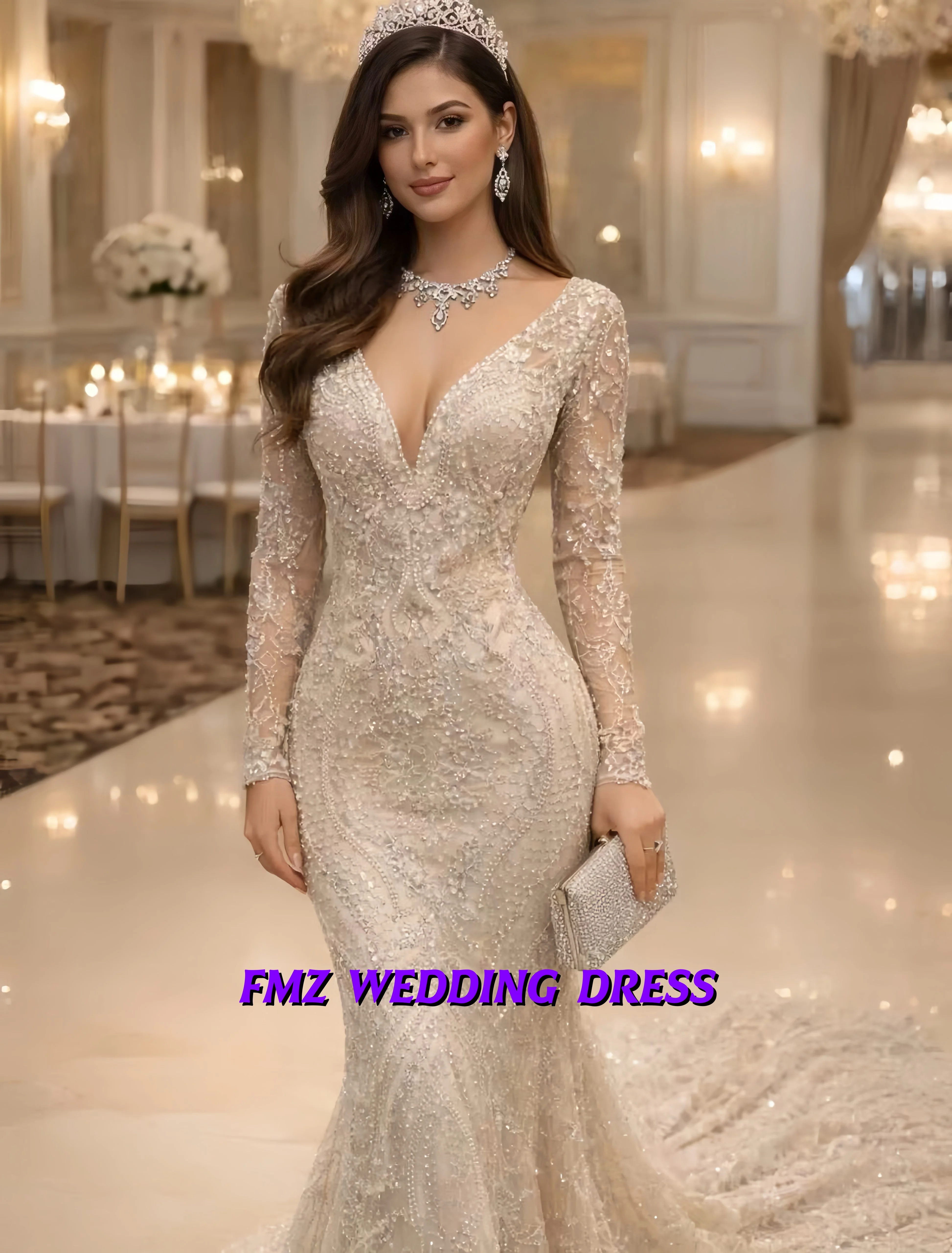 

Свадебное платье на заказ с V-образным вырезом, длинными рукавами, силуэт «русалка», роскошное свадебное платье, vestidos de novia