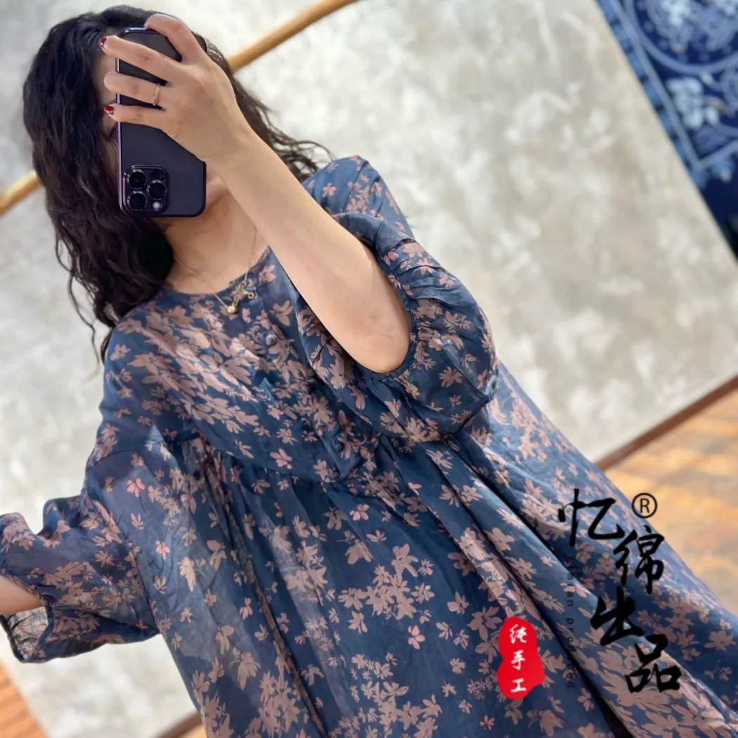 Women 2024 Spring Summer Cotton and Hemp Elegance High end Printed Loose and Slimming Large Size Casual Dress X901