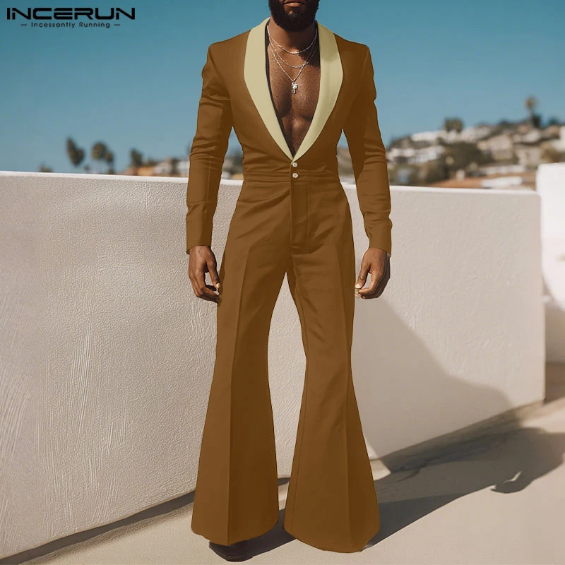 

INCERUN Men Jumpsuits Patchwork Lapel Long Sleeve Button Male Rompers Streetwear 2025 Elegant Fashion Casual Overalls Men S-5XL