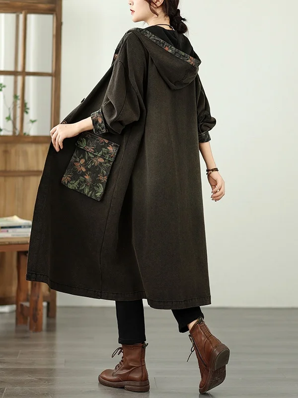

Loose Oversize Slimming V-Ne Single Button Mid-Length Denim Sle Coat Vintage Commute Long Sve Hooded Regular Thin