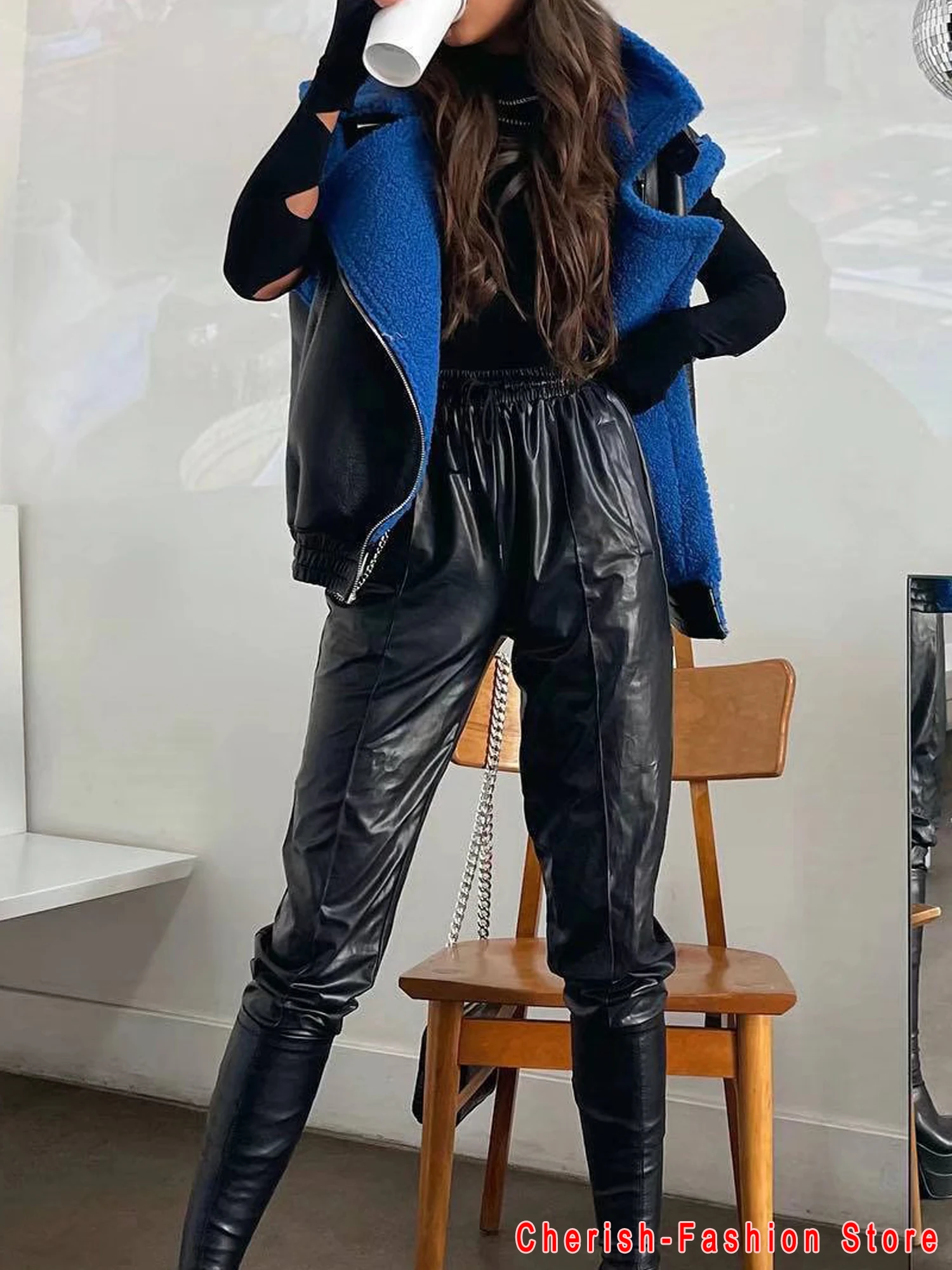 2022 Vrouwen Pu Kunstleer Mouwloze Roze Jassen Dames Turn-Down Kraag Rits Vest Zakken Vest Streetwear Motorfiets