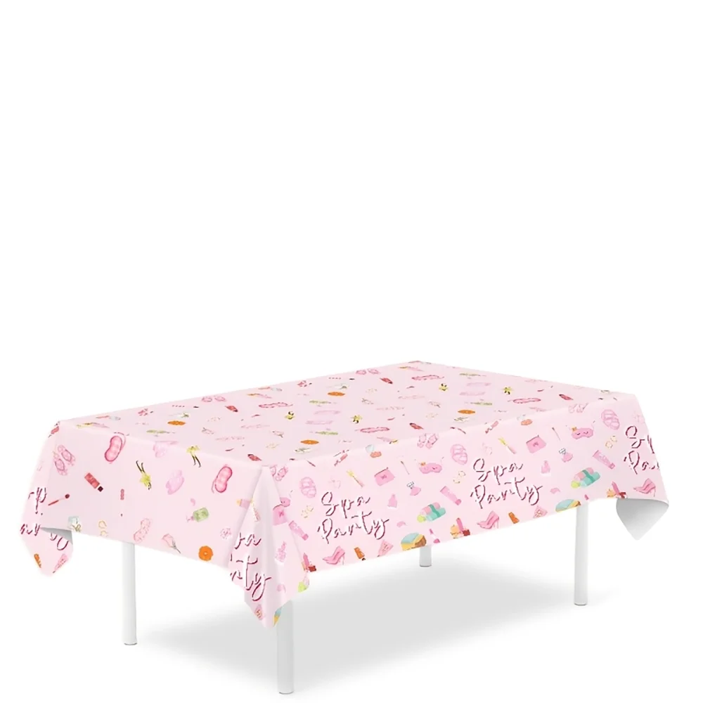 1pc  Spa Party Pink Disposable Tablecloth with Cosmetic Print for Girls Birthday Sleepover Beauty Themed Party Decorations