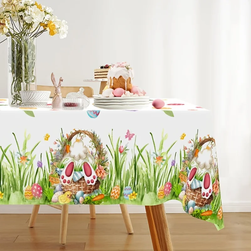 1pc, Easter Tablecloth, Easter Bunny Eggs Tablecloth, 51.18 X 86.61inch Disposable Plastic Easter Rectangular Table Cover, Easte
