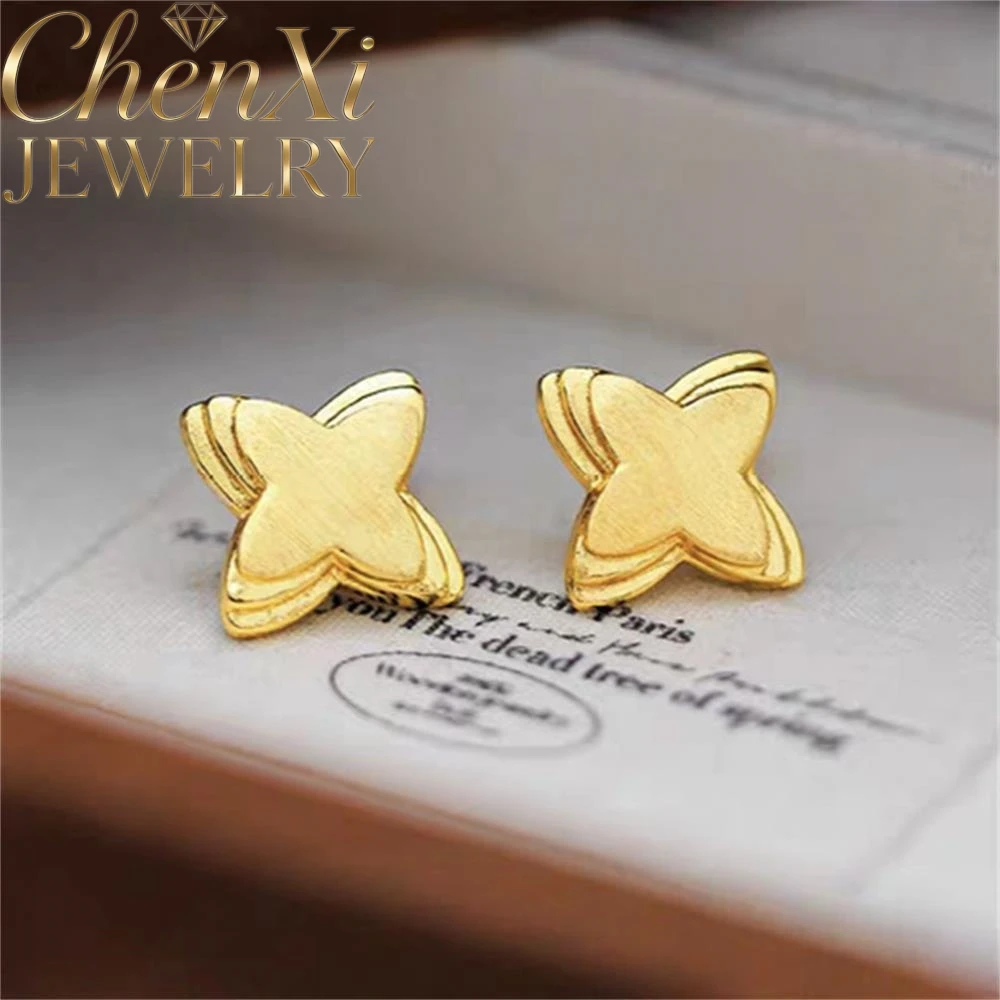 High-End Sand Gold Brushed Four-Pointed Star Stud Earrings Luxury Quality Fashion Fine Jewelry Exquisite Elegant Popular Charms