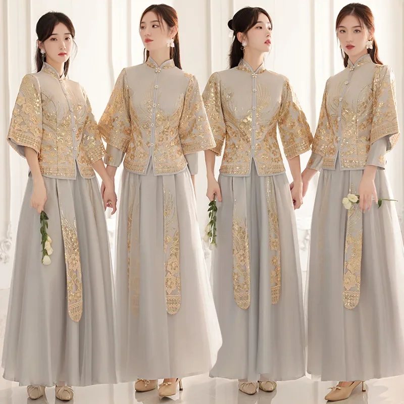 Traditionelles chinesisches Brautjungfernkleid Stehkragen Xiuhe Kleidung weiblich Sexy Qipao Set Hochzeit Party Kleider Vintage Tang-Anzug