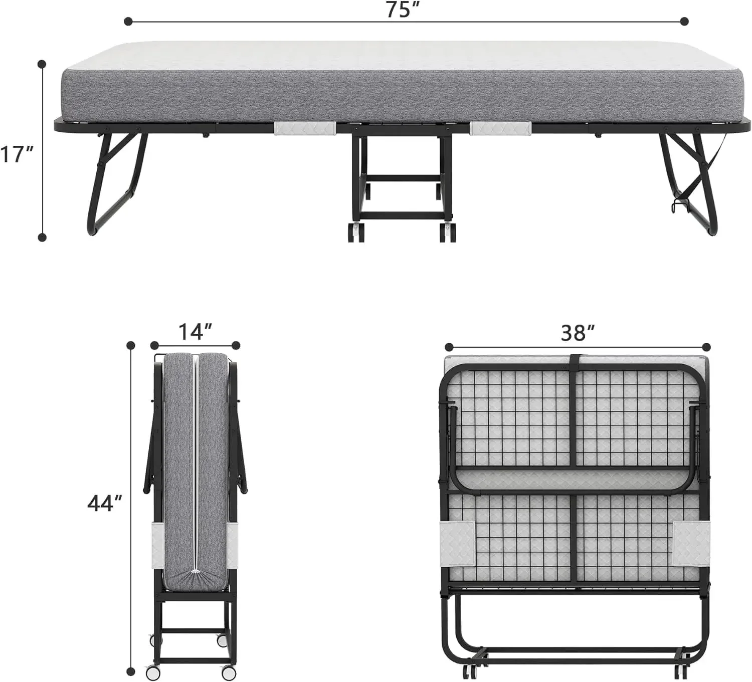 Bed with Mattress, Portable for Guest, Foldable with Memory Foam Mattress, Twin Size 75