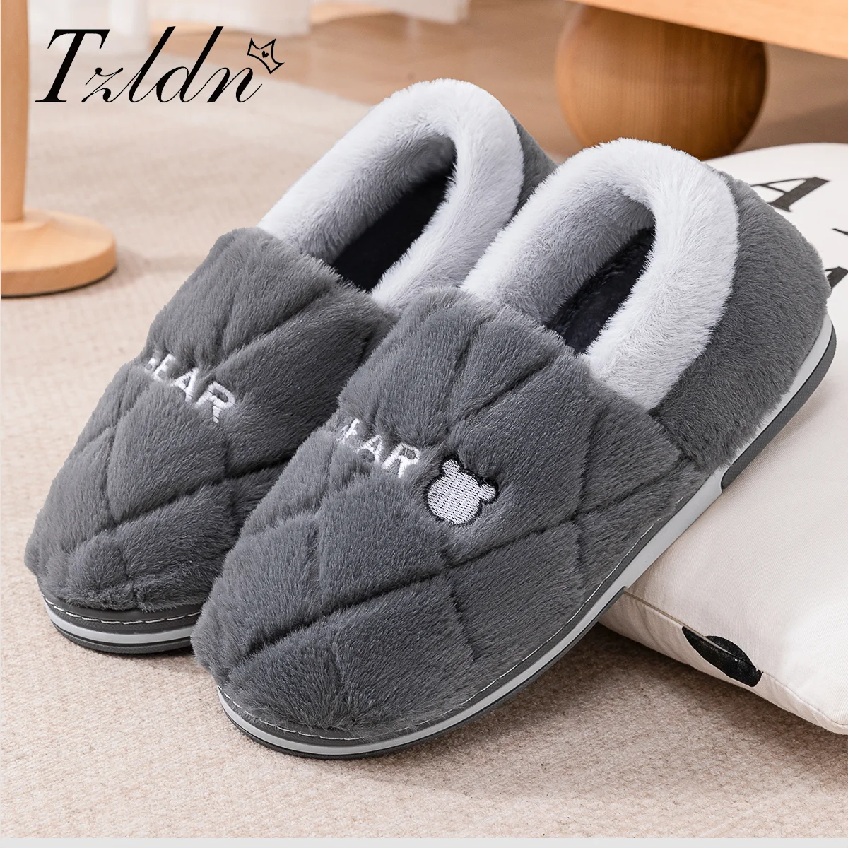 TZLDN Fur Slippers Men Home TPR Platform Cushion Warm Soft Designer Living Room Shoes Cozy Non-slip High Quality Indoor