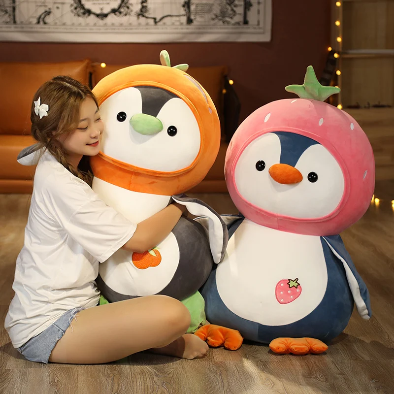 70cm New Cartoon Penguin Stuffed Animals Plush Toys Kawaii Soft Doll Dress Up Strawberry Orange Plushie Doll Gift