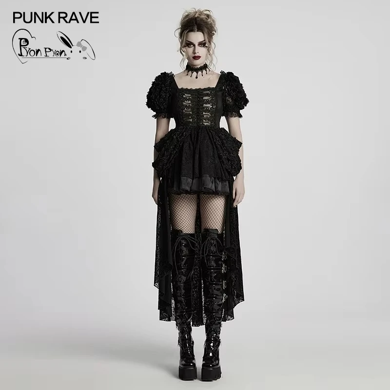 PUNK RAVE Women's Lolita Romantic Beautiful 3D Embroidered Lace Sweet Cool Dress Bubble Sleeves Gorgeous Fluffy Skirt Dresses