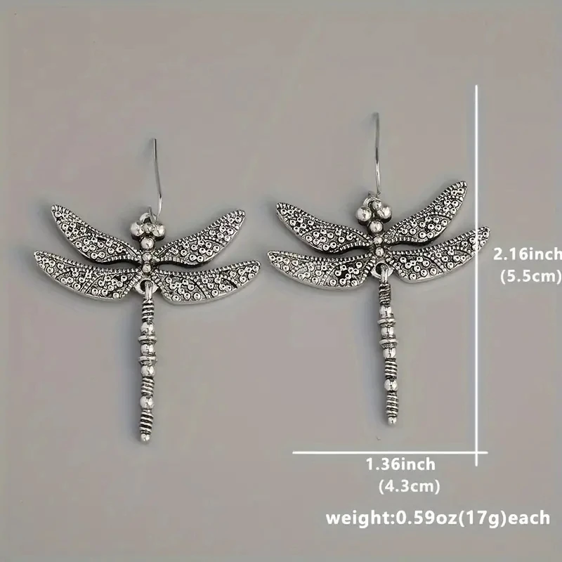 Vintage Dragonfly Design Carved Pattern Dangle Earrings Retro Bohemian Style Silver Color Jewelry Trendy Female Ear Ornaments