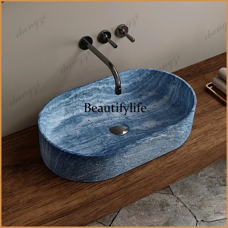 K153  Medieval wabi-sabi style travertine platform basin retro homestay hotel column wash basin home hotel homestay