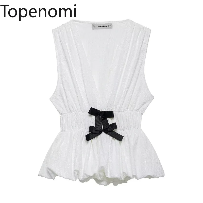 Topenomi Bow White Tank Top Women French Sweet Sleeveless V Neck Waist Slim Fit Vest Spring Summer Outwear Texture Ropa Mujer