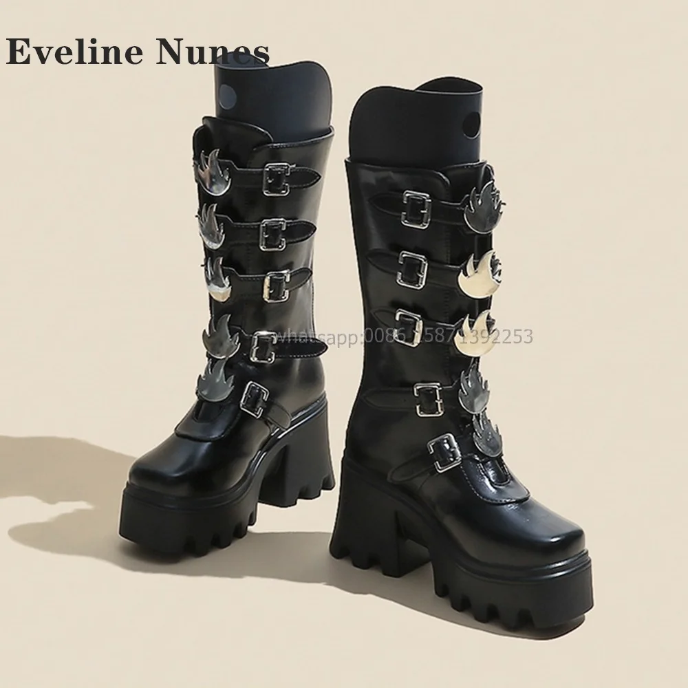 Belt Buckle Metal Decoration Booty Punk Spicy Girl Booties Trend Round Toe Height Increasing Solid Patchwork Knee High Boots