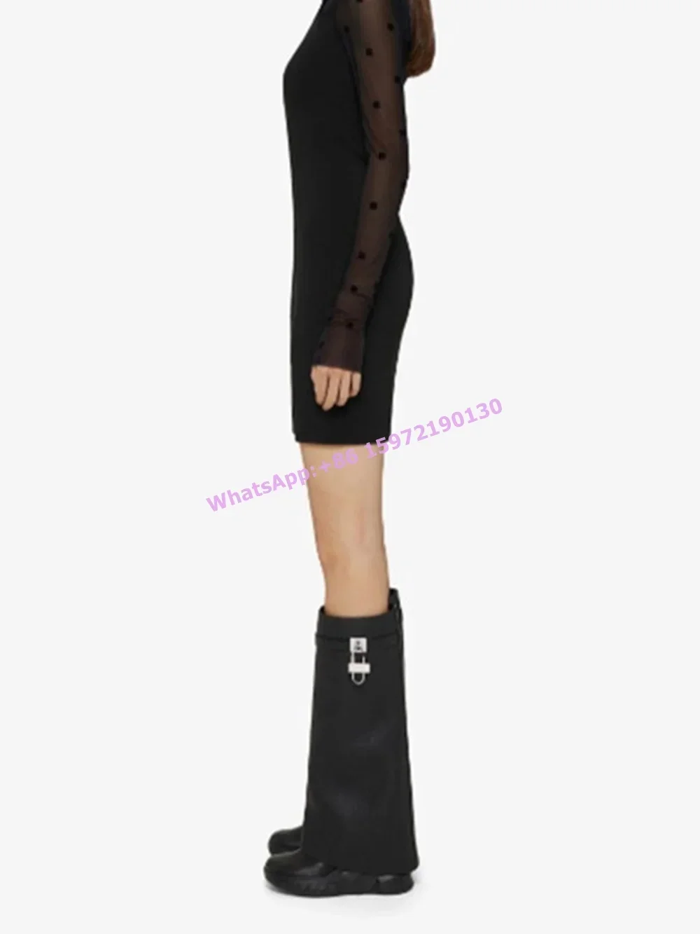 Metal Lock Shark Boots Round Toe Wedges Slip On Solid Black White Winter Knee High Boots Concise Basic Winter Women's Shoes