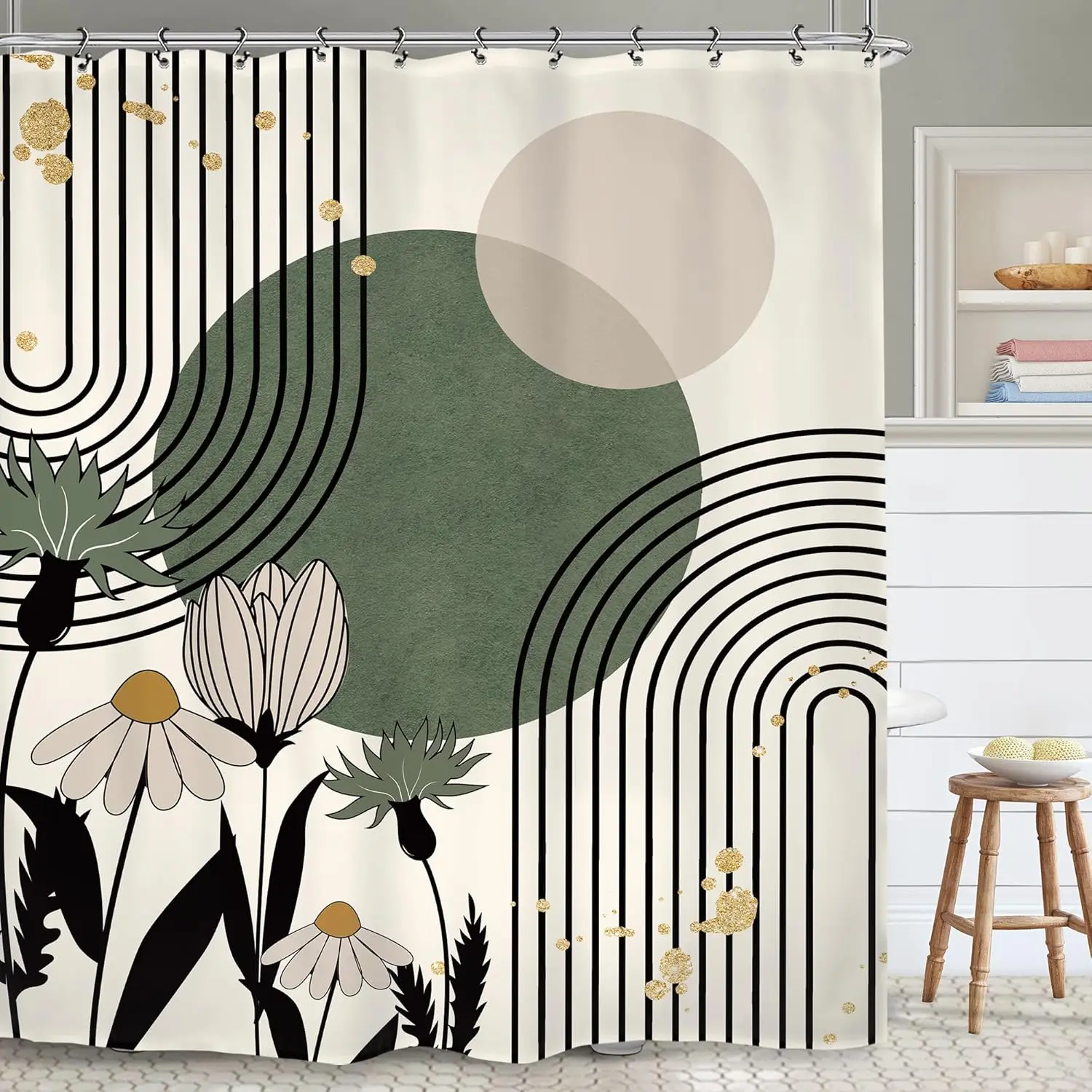 

Abstract Sage Green Daisy Bathroom Shower Curtain 60W by 71H Inch Modern Minimalist Geometric Plant Mid Century Aesthetic