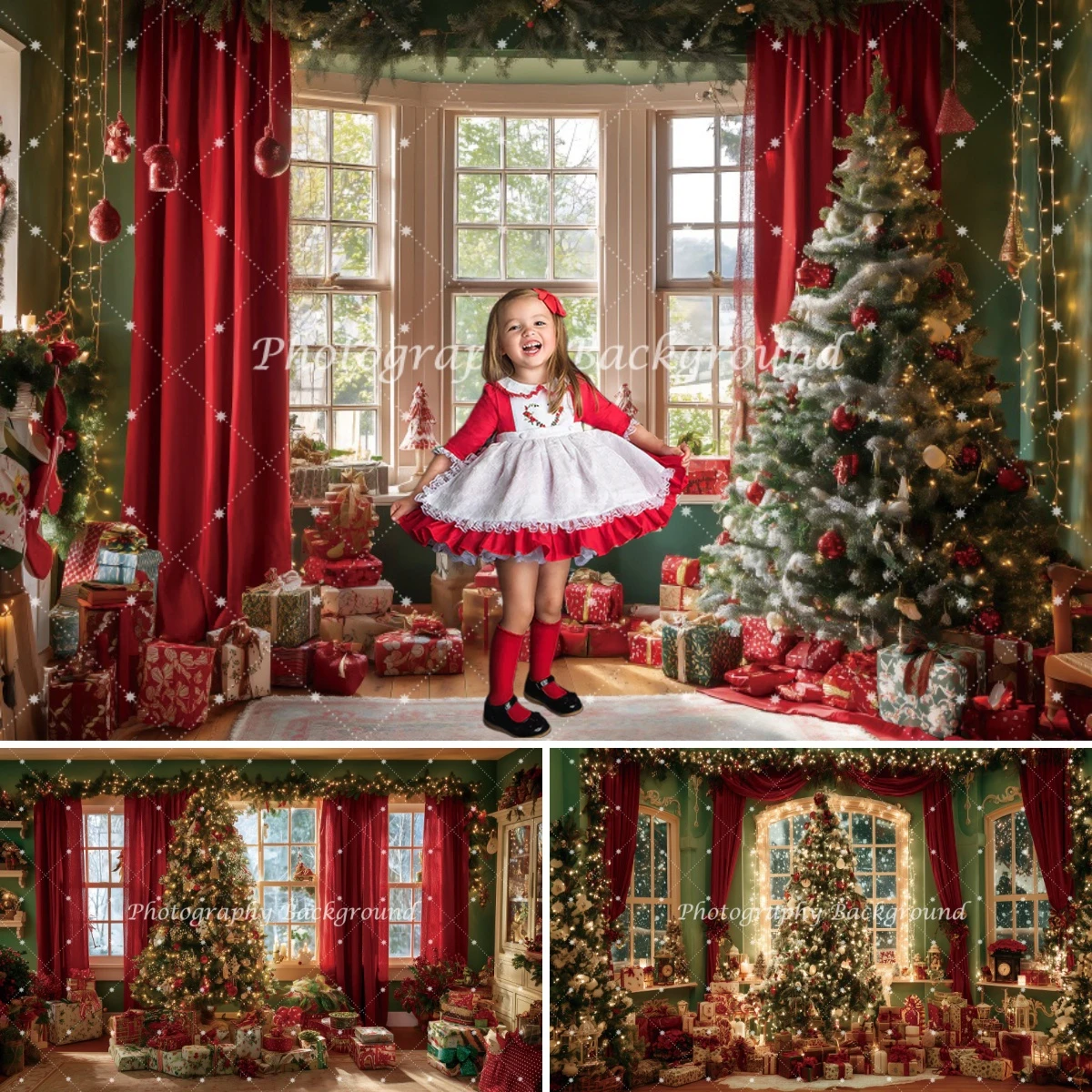 Christmas Indoor Scene Backdrop Xmas Tree Red Curtains Gifts Decor Festive Kids Family Portraits Backgrounds for Photographs