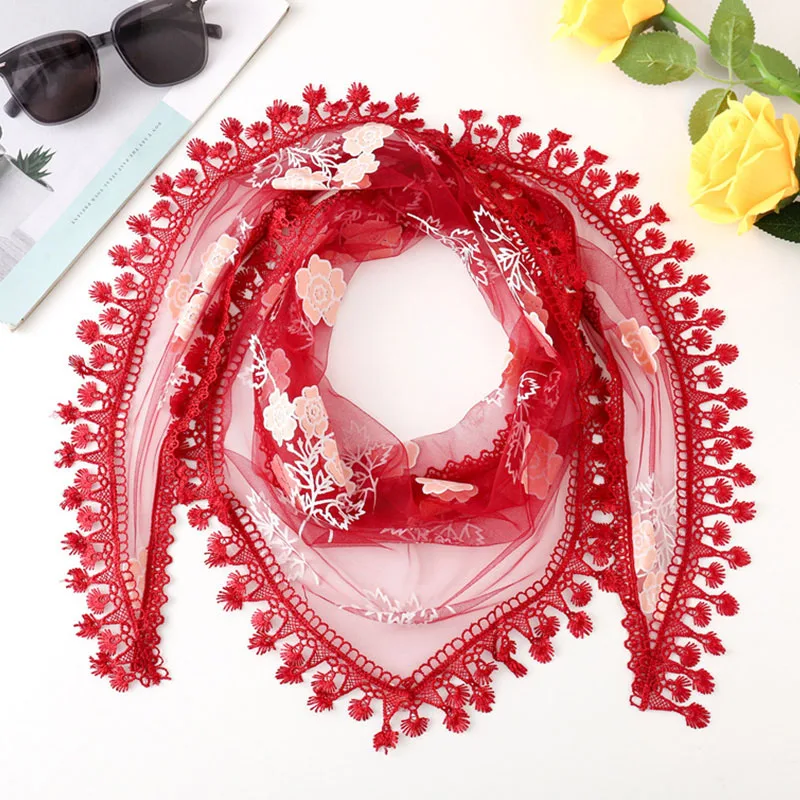1Pc Women's Hollow Lace Triangle Scarf with Tassel Flower Printed Scarf Shawl Summer Sunscreen Neck Scarf Clothing Accessories