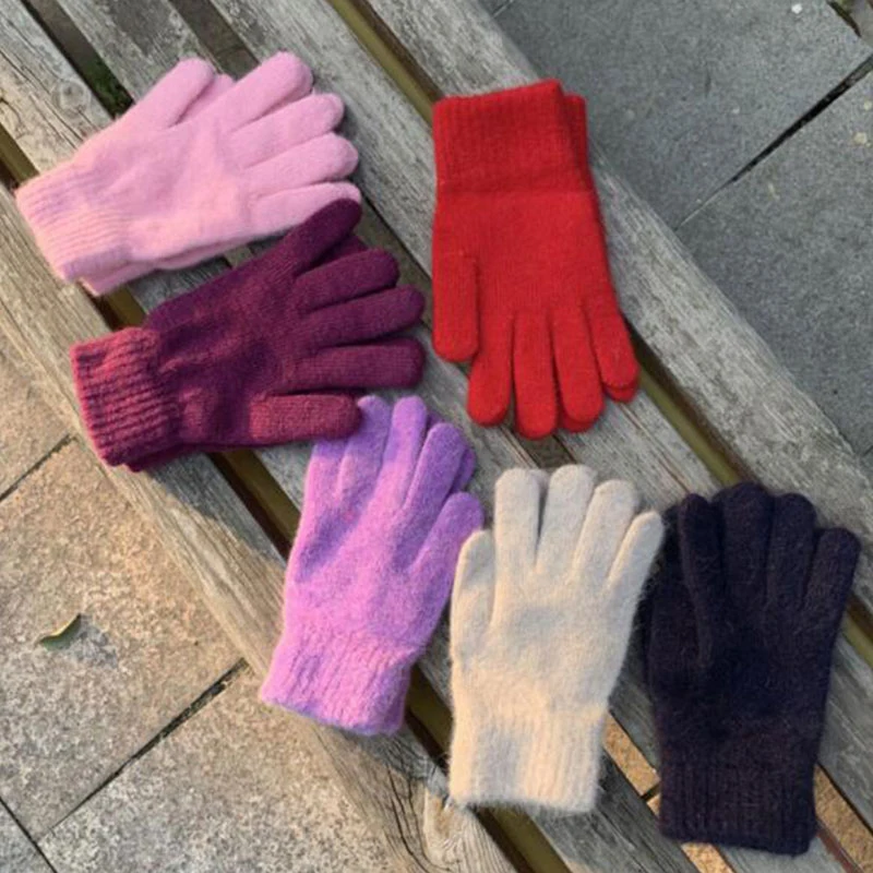 Guantes de punto de Cachemira de imitación para hombre y mujer, manoplas suaves y cálidas de felpa de Color sólido, dedos completos, antideslizantes para exteriores, Invierno