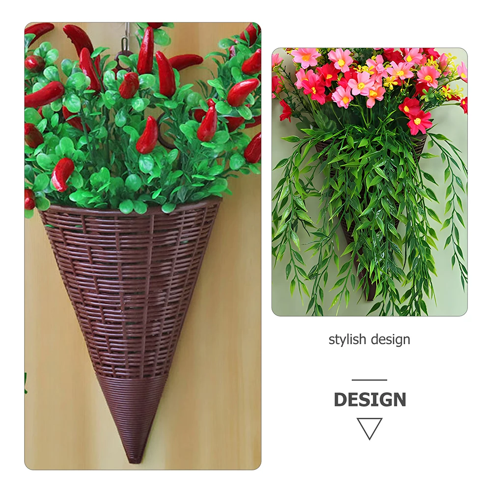 

3pcs Deep Brown Rattan Decorative Flower Basket Hanging Cone Shaped Wall Mount Balcony Lightweight Space Saving Storage