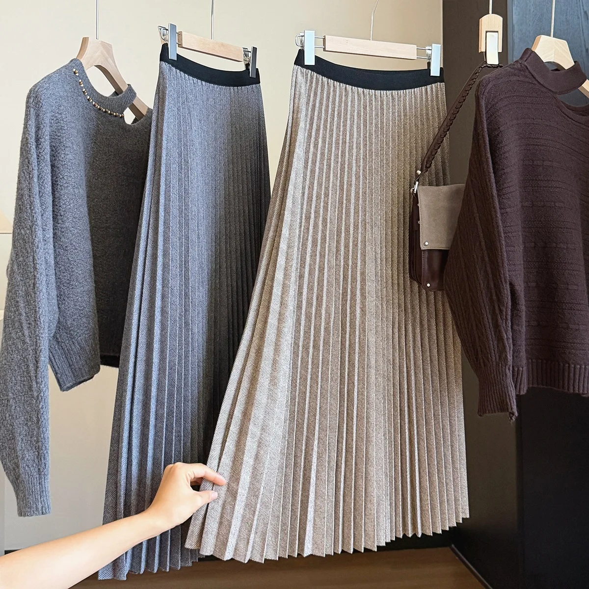 Seoulish Women's A Line Woolen Pleated Midi Skirt 2026 Autumn Winter New High Waist Solid Color Office Lady Casual Skirts Female