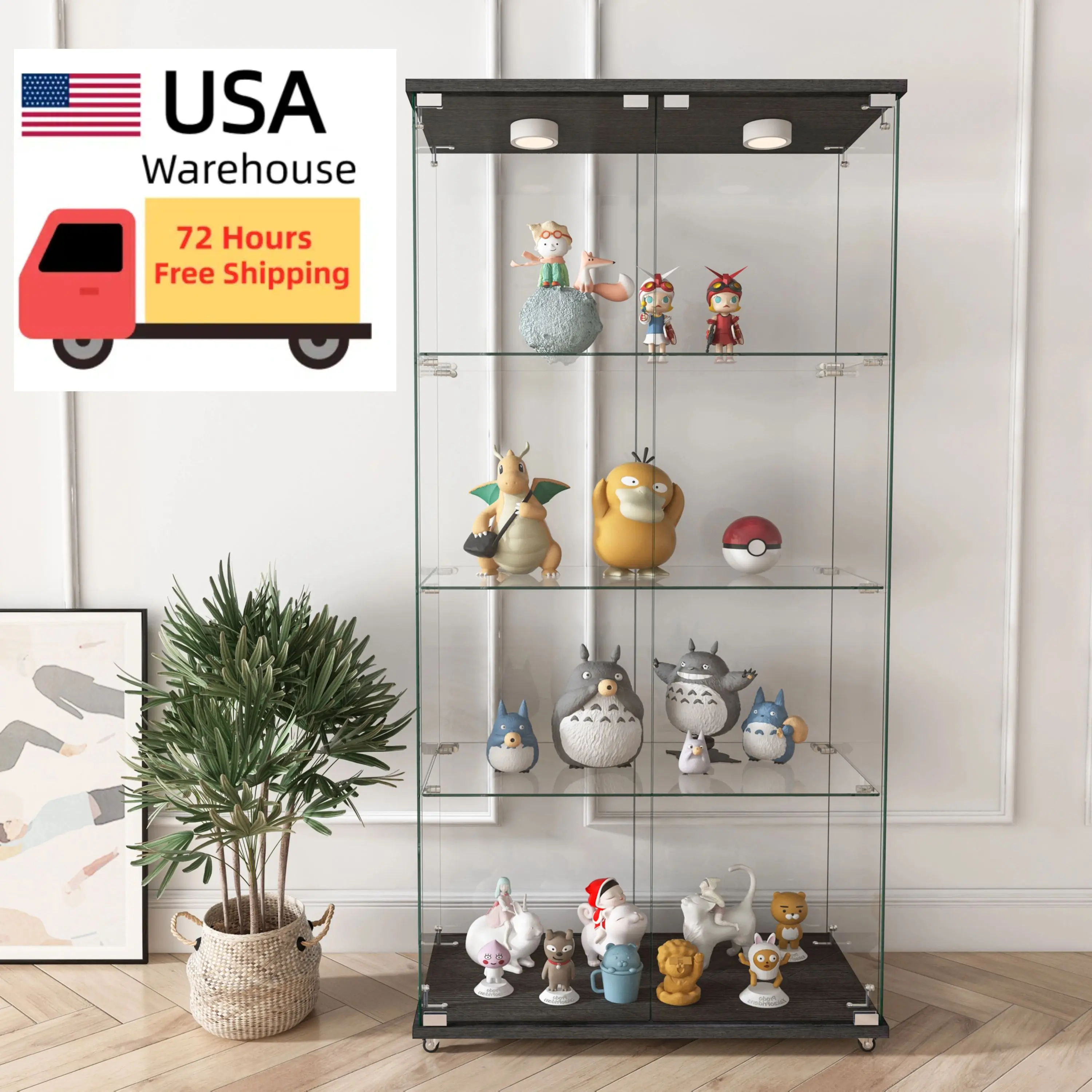 Modern Black Four Layers Two Door Glass Display Cabinet with Led Light and Wheels Living Room Furniture