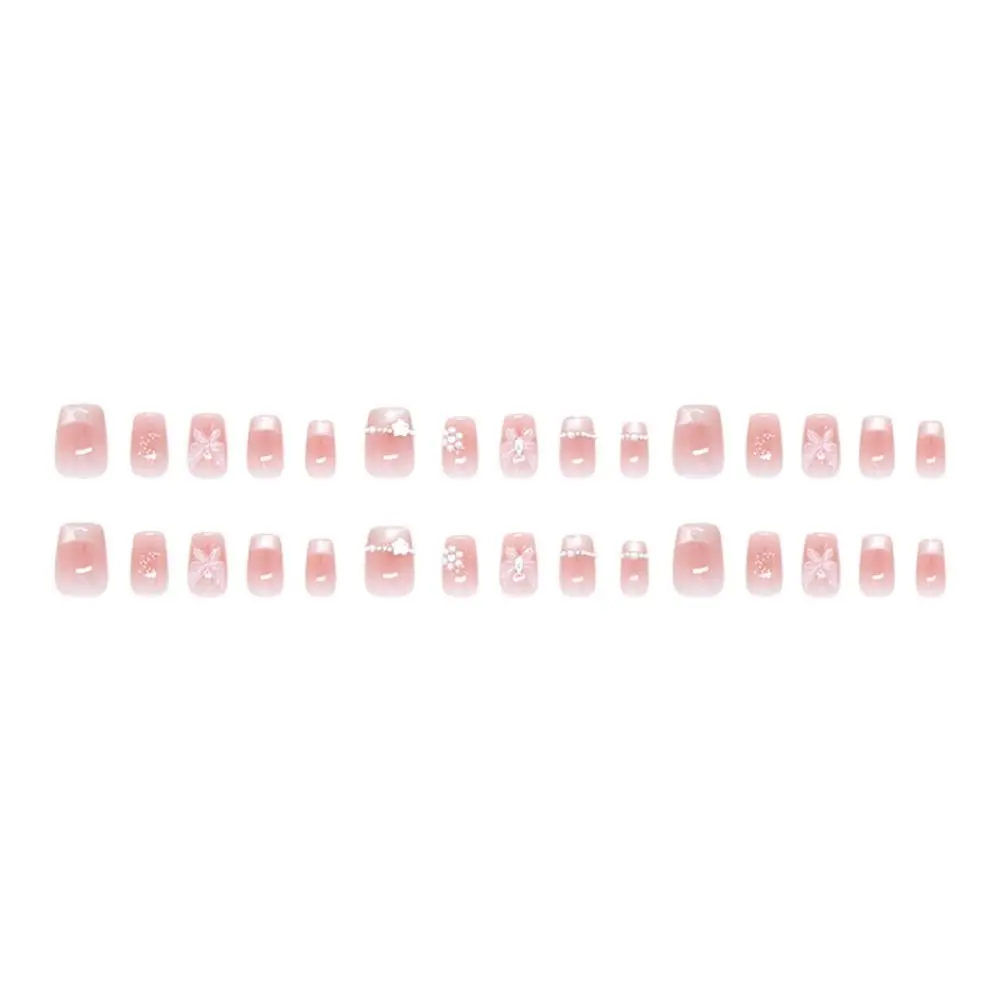 

24pcs Manicure Square False Nails French Press on Nails Shining Cat Eye Pearl Chain Stars Fake Nials DIY