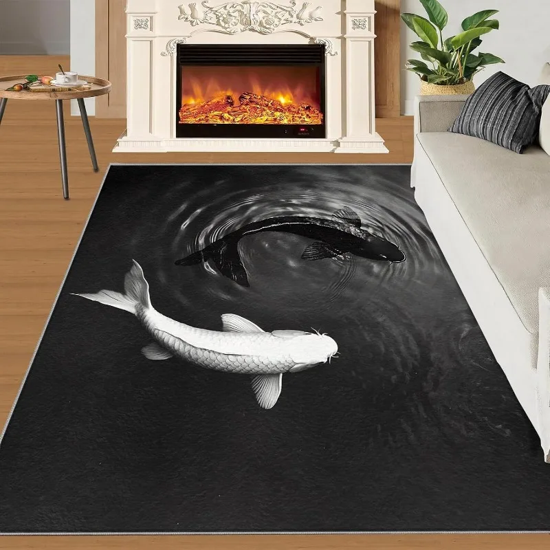 Lucky Koi Fish Floral Area Rug Non-Slip Soft Carpet Feng Shui Yin Yang Style Floor Mat Living Room Bedroom Home Decor Carpet