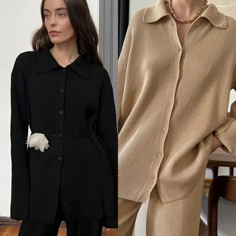 

2025 Autumn Winter Women Knitted 2 Piece Set Long Sleeve Turn Down Collar Pullover Sweater Top And Wide Leg Pants Office Outfit