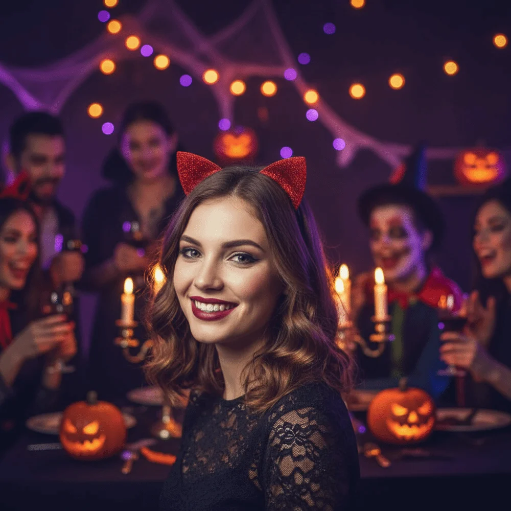 Shinny Halloween Cat Ear Headband Universal with Non-slip Buckle Cat Ear Hair Hoop Fabric Wrapped Cosplay Cat Ear Headpiece