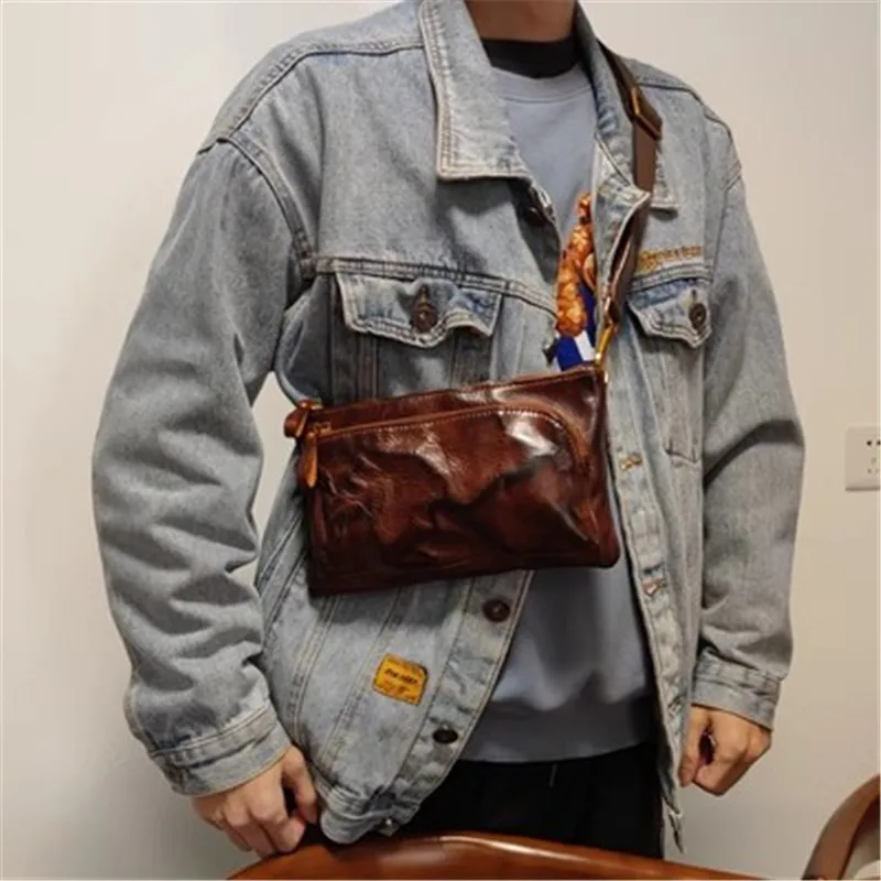 Vintage doğal hakiki deri pilili erkek küçük crossbody çanta tasarımcısı açık günlük ışık lüks gerçek inek derisi omuzdan askili çanta